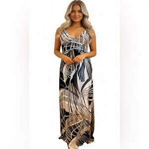 Badgley Mischka BELLE Maxi Dress Sz L Spaghetti Straps Rayon Brown Black Green